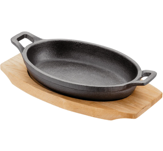 Judge Sizzle & Serve, 16 x 11cm Cast Iron Gratin Dish on server board