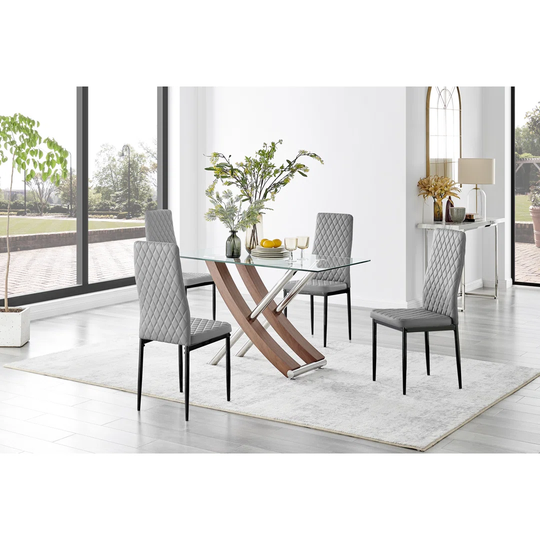 Mayfair Glass & Brown Wood Effect Dining Table & 4 Grey Milan Black Leg Chairs