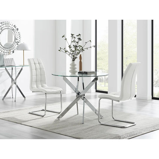 Novara 100Cm Round Dining Table & 2 White Murano Chairs