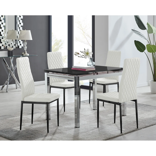 Enna Black Glass Extending Dining Table And 4 White Milan Black Leg Chairs