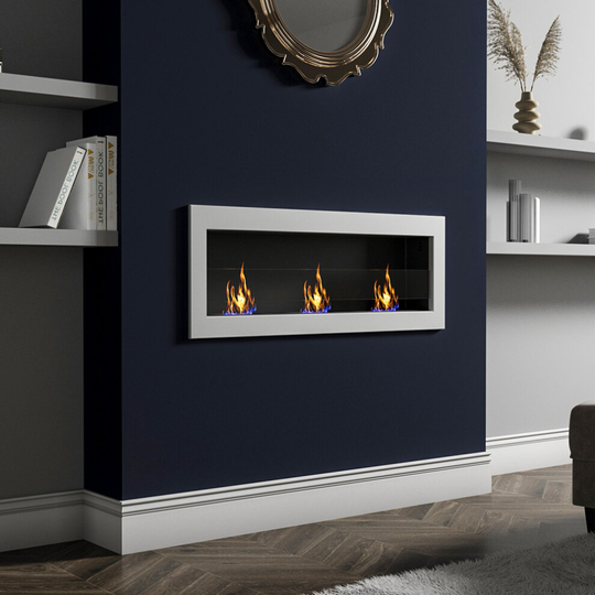 (120CM White) Indoor Wall Mounted Recessed Bio Ethanol Fireplace Realistic Flame