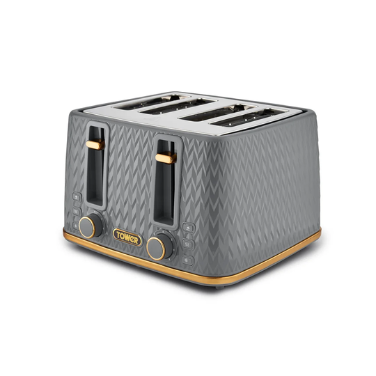 Tower Empire 4-Slice Toaster with Defrost/Stop, Removable Crumb Tray, 1600W, Brass Accents