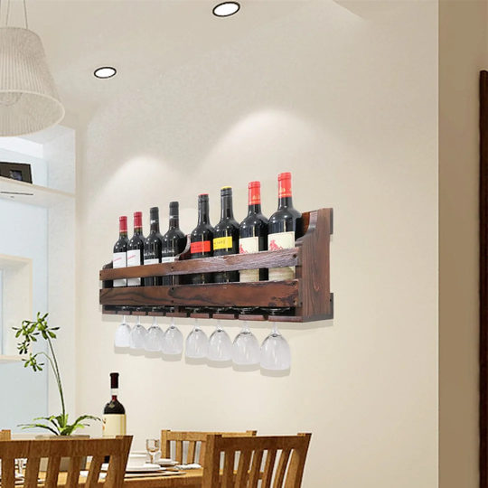 Tibbs 8 Bottle Solid Wood Wall Mounted Wine Bottle & Glass Rack in Brown