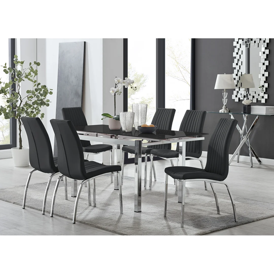Enna Black Glass Extending Dining Table And 6 Black Isco Chairs