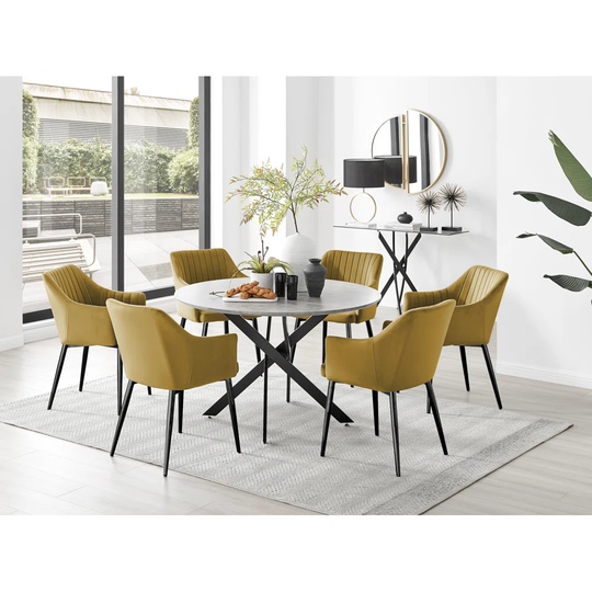 Novara Grey Concrete Effect Black Leg 120Cm Round Dining Table & 6 Mustard Calla Black Leg Chairs