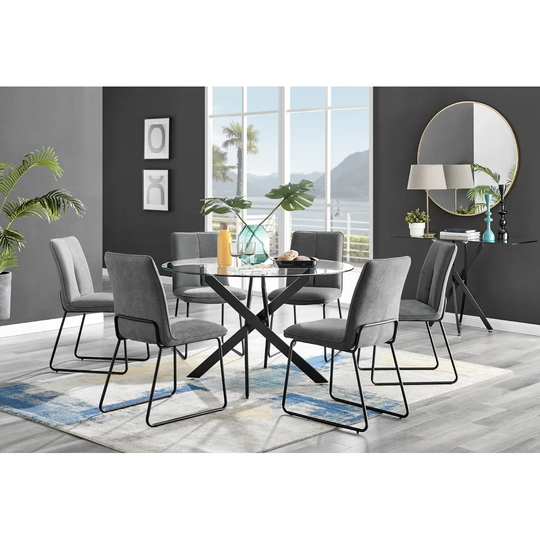 Novara 120cm Round Glass Dining Table & 6 Dark Grey Halle Chairs