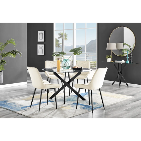 Novara Black Leg 120Cm Round Glass Dining Table & 4 Cream Pesaro Black Leg Chairs