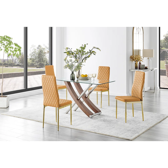 Mayfair Glass & Brown Wood Effect Dining Table & 4 Mustard Milan Gold Leg Chairs