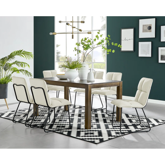Anders Dark Walnut Solid Wood Dining Table & 6 Cream Menen Chairs