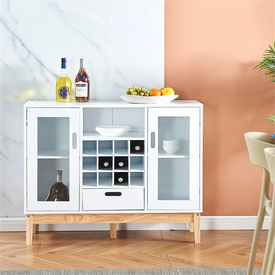 White Large Storage Sideboard With Wine Rack, Living Room Buffet Credenza Console Table With Glass Doors Drawer, Kitchen Wine Cabinet Storage Cupboard