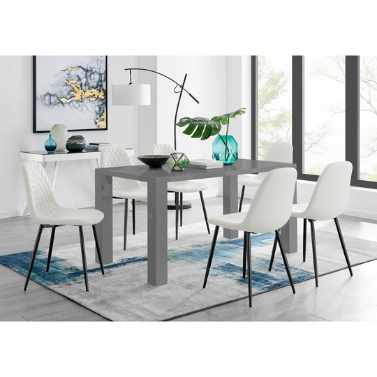 PIVERO 6 GREY Dining Table & 6 WHITE Corona Black Leg Chairs