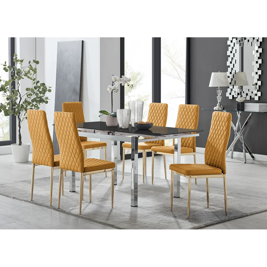 Enna Black Glass Extending Dining Table And 6 Mustard Gold Leg Milan Chairs