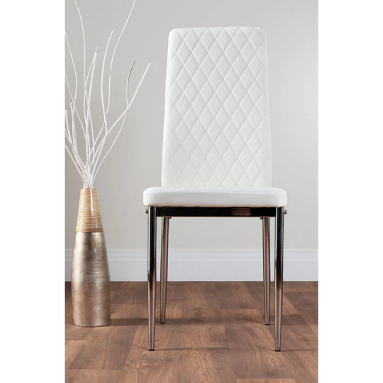 Novara Black Leg 120Cm Round Glass Dining Table & 6 White Milan Chrome Leg Chairs