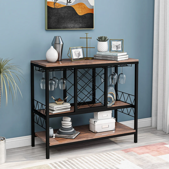 Riordan 7 Bottle Floor Wine Bottle & Glass Rack in Brown