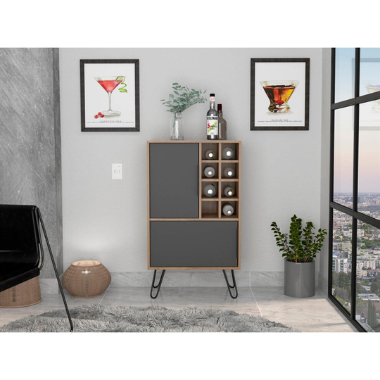 Wine Rack Drinks Storage 2 Door Cupboard Sideboard 8 Shelves Oak and Grey Finish
