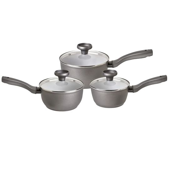 Earthpan 100% Recycled Induction Dishwasher Safe 3 Piece Saucepan Set With Toughened Glass Lids -16cm, 18cm And 20cm