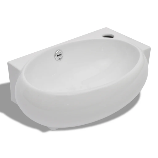 Glossy White Ceramic Oval Wall Hung Basin Bathroom Sink with Overflow
