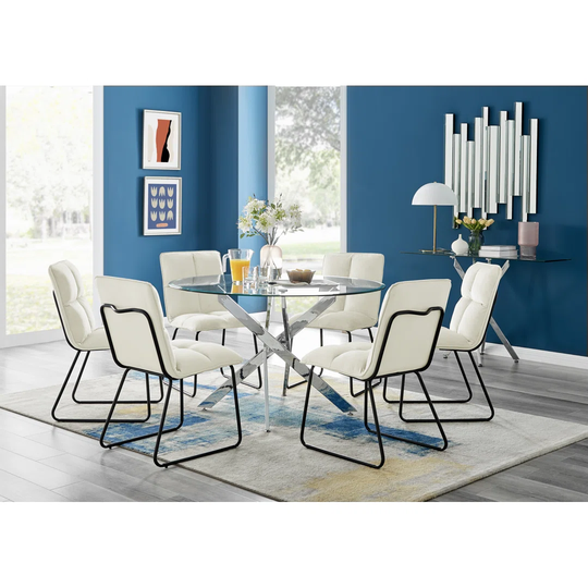 Novara 120Cm Round Glass Dining Table & 6 Cream Menen Chairs