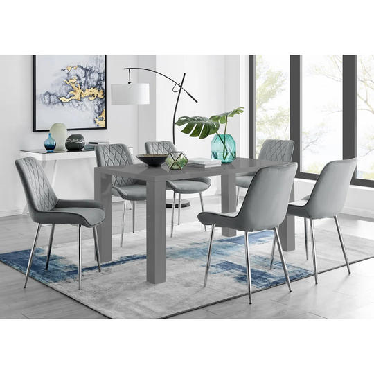 Pivero 6 Grey Dining Table And 6 Grey Pesaro Silver Leg Chairs