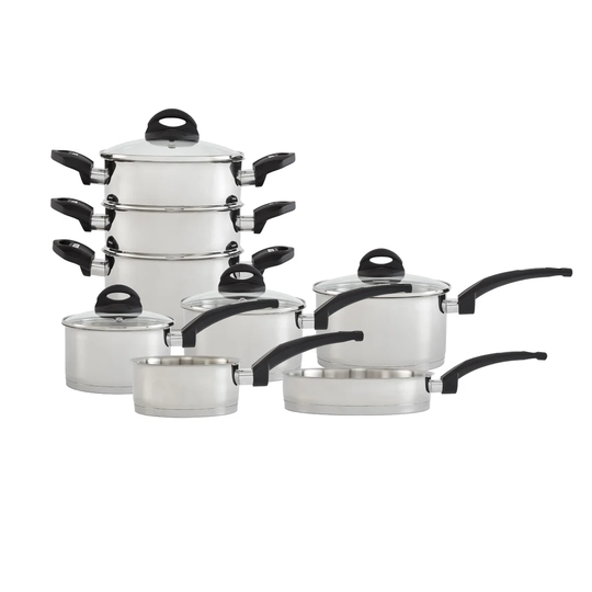 Tower T800160 Level Induction Frying Pan and Saucepan Set With Lids, Stay Cool Bakelite Handles, Stainless Steel Pan Set, Satin Finish, 8 Piece