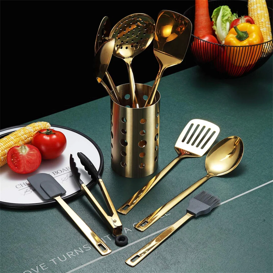 Gold Cooking Utensils Set, Stainless Steel 13 Pieces Kitchen Utensils Set With Titanium Gold Plating, Kitchen Tools Set With Utensil Holder, Dishwashe