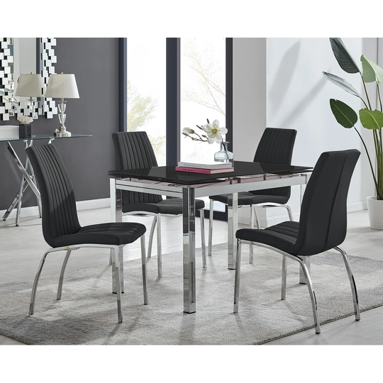 Enna Black Glass Extending Dining Table And 4 Black Isco Chairs