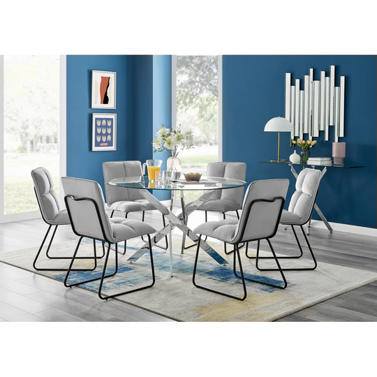 Novara 120Cm Round Glass Dining Table & 6 Light Grey Menen Chairs