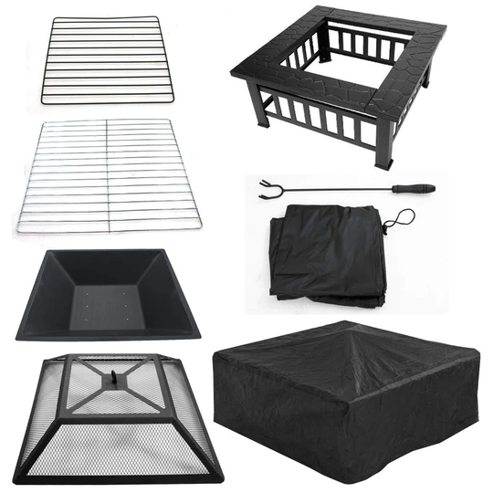 Fire Pit With BBQ Grill Upgrade Black Steel Garden Heater/Burner For Wood & Charcoal, Includes Spark Guard, Poker And Protective Cover (Square )