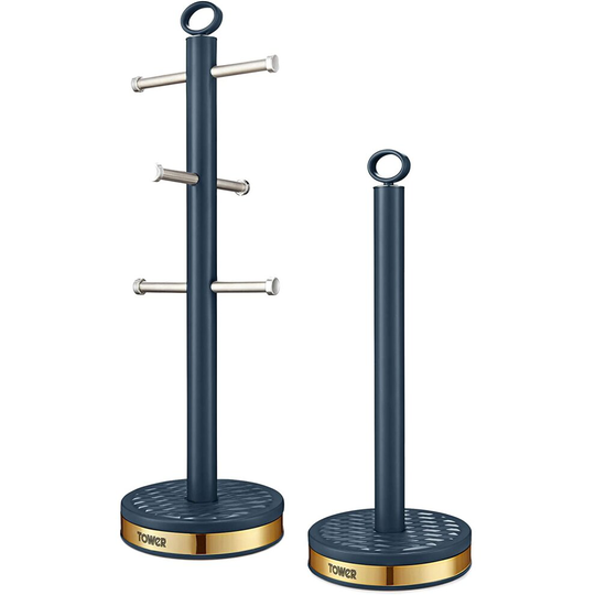 Tower T826092MNB 6 Cup Mug Tree/Kitchen Roll Holder, Midnight Blue