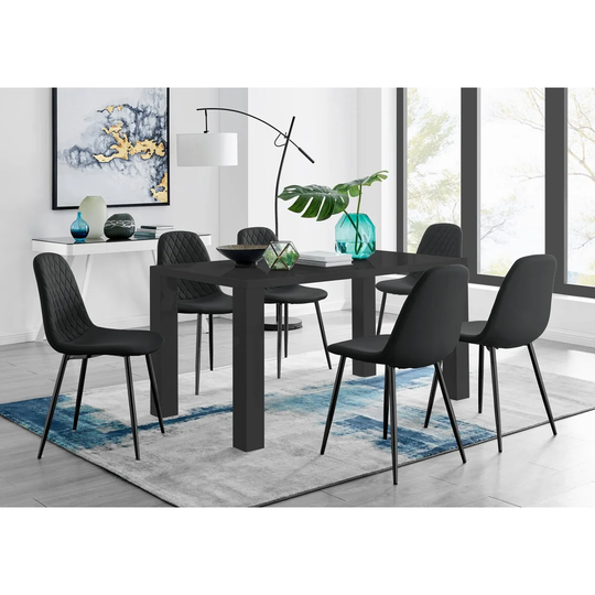 Pivero 6 Black Dining Table And 6 Black Corona Black Leg Chairs