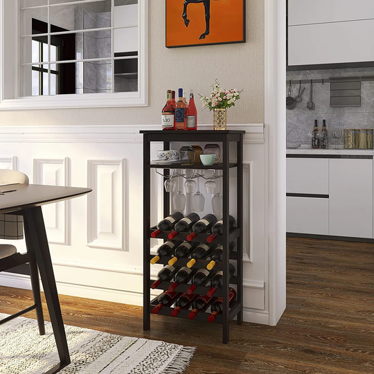 Wine Rack With Glass Holder & Table Top, 16 Bottles Storage, Floor Free Standing Bamboo Display Shelves For Home, Kitchen, Pantry, Cellar, Bar (Grey)