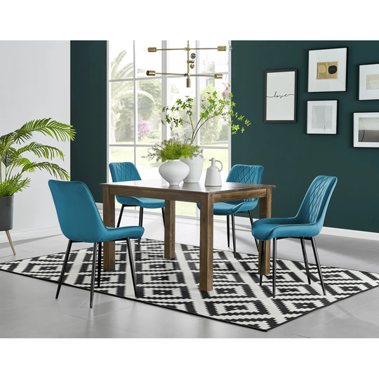 Anders Dark Walnut Solid Wood Dining Table & 4 Blue Pesaro Black Leg Chairs