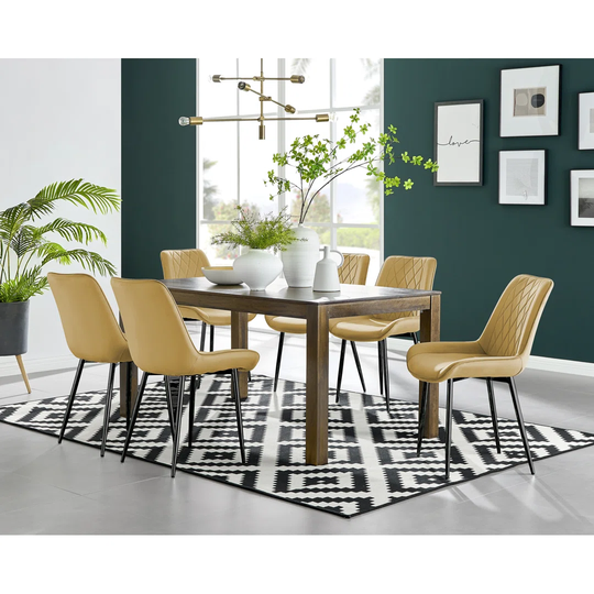 Anders Dark Walnut Solid Wood Dining Table & 6 Mustard Pesaro Black Leg Chairs