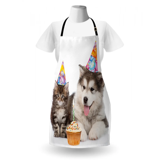 Dog and Cat Domestic Animals with Birthday Party Cones and Cupcake Apron