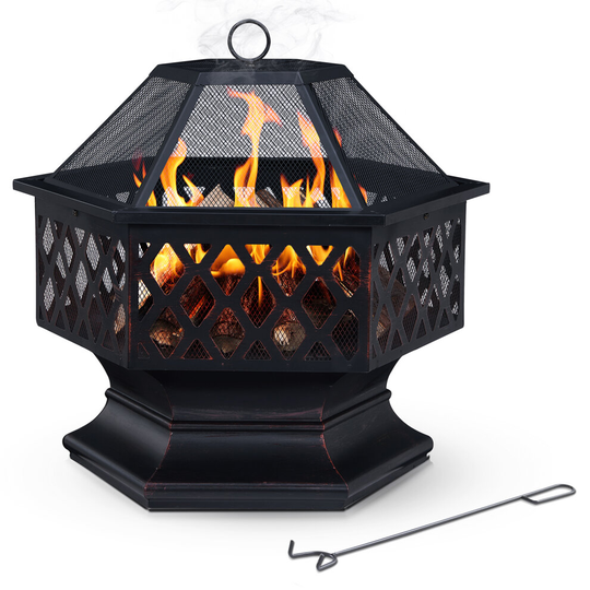 LIVIVO Hexagonal Fire Pit - Outdoor Oil Rubbed Bronze Fire Pit With BBQ Grill, Metal Poker Iron, Mesh Ember and Spark Guard Screen
