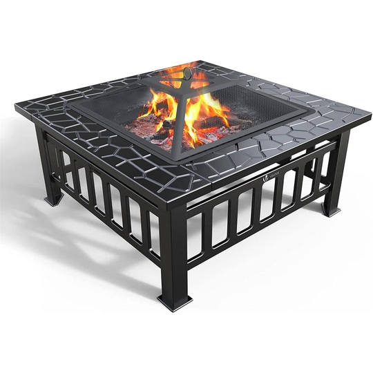 Fire Pit Table With Grate Shelf, 3 In 1 Square Firepit For Heater, Ice Pit, Camping Metal Brazier For Garden Patio Outdoor, With Waterproof Cover