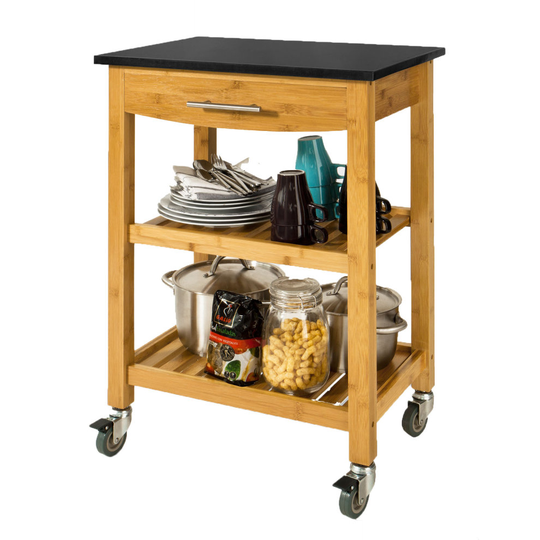 SoBuy® FKW28-SCH, Bamboo Kitchen Storage Trolley with Black Granite Countertop