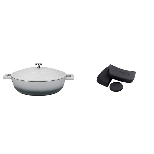 Shallow Casserole Dish With Lid, Lightweight Cast Aluminium,Ombre Grey, 4 Litre/28 Cm Pan Handle Sleeve Set For Cast Aluminium Casserole Pots, 3 Piece