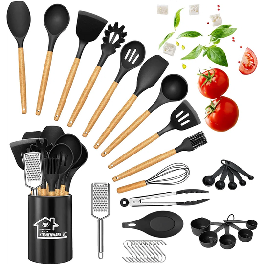 Silicone Cooking Utensils Set, 34 Pieces Kitchen Utensils Spatula Set With Holder,Wooden Handles,Non-Stick Best,Grater For Cookware (Black)