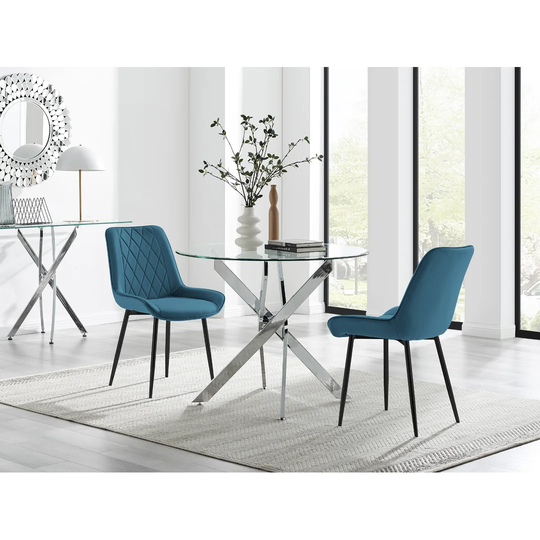 Novara 100Cm Round Dining Table And 2 Blue Pesaro Black Leg Chairs