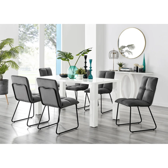 Pivero White High Gloss Dining Table & 6 Dark Grey Menen Chairs