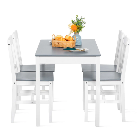 Modern Dining Table Set, Wood Pine Dining Table and 4 Chairs with Anti-Slip Legs Kitchen Room Furniture Set, White+Brown