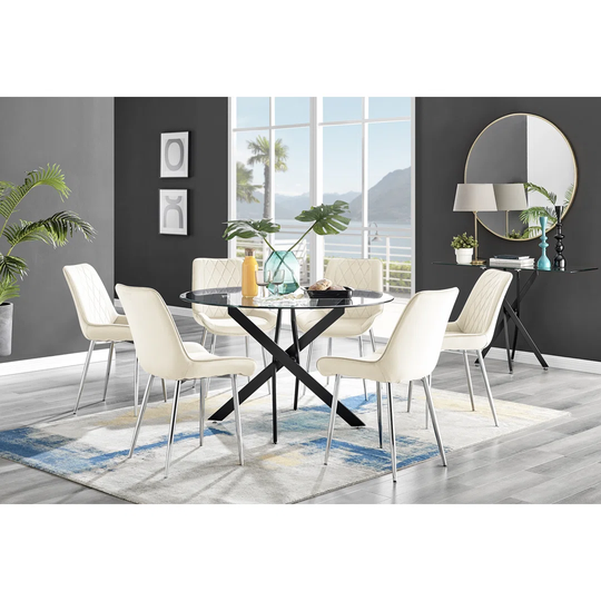 Novara Black Leg 120Cm Round Glass Dining Table & 6 Cream Pesaro Silver Leg Chairs