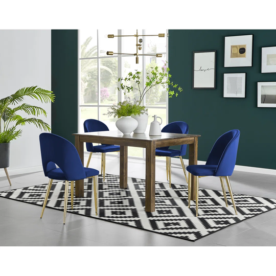 Anders Dark Walnut Solid Wood Dining Table & 4 Blue Arlon Gold Leg Chairs