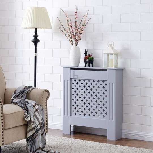 Small Radiator Cover Criss Cross Grill Grey Wall Shelf Cabinet MDF
