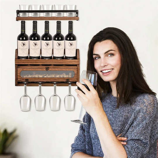 Collegeville 5 Bottle Wall Mounted Wine Bottle and Glass Rack in Brown