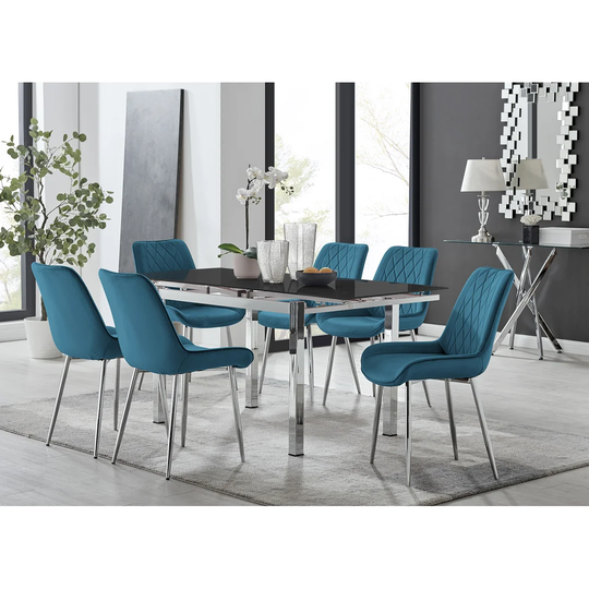 Enna Black Glass Extending Dining Table And 6 Blue Pesaro Silver Leg Chairs
