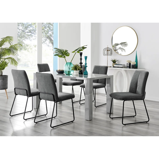 Pivero Grey High Gloss Dining Table & 6 Dark Grey Halle Chairs