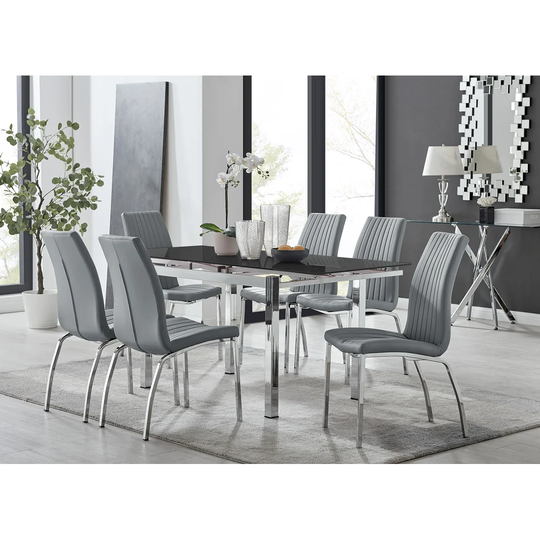 Enna Black Glass Extending Dining Table And 6 Grey Isco Chairs