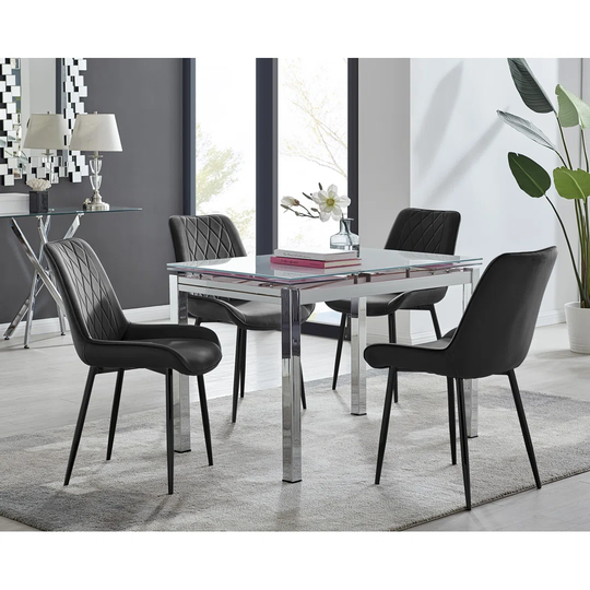 Enna Black Glass Extending Dining Table And 4 Navy Pesaro Silver Leg Chairs